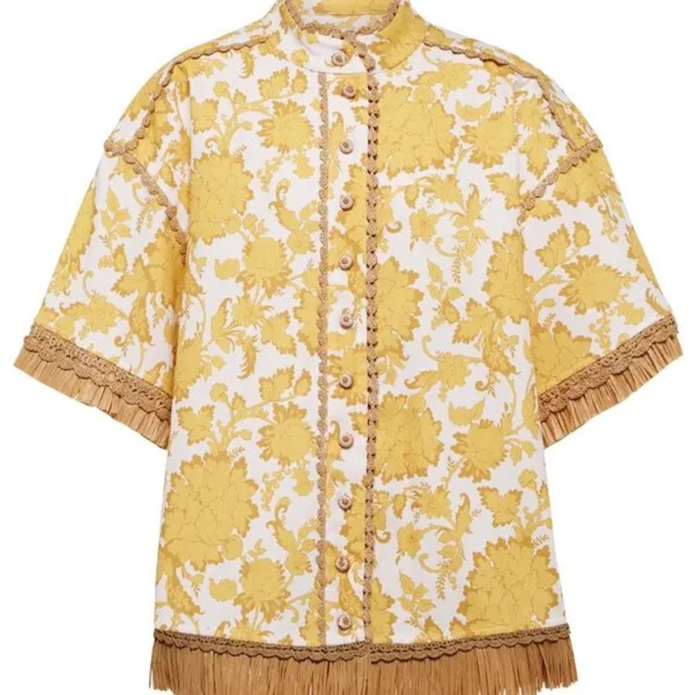 Zimmermann Postcard Floral Print Fringe Cotton Shirt